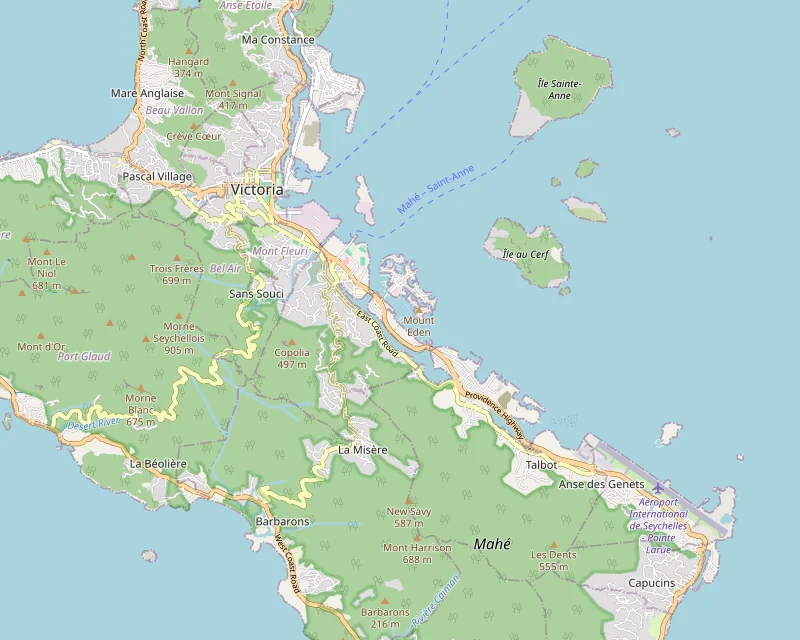 Map of north-east Mahé showing Nelson's Car Hire's St. Louis base, the Cat Cocos jetty in Victoria and Seychelles International Airport