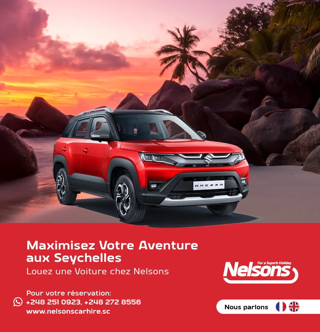 Offer flyer (in French): Maximise your Seychelles adventure, hire the Suzuki Brezza with Nelson's. Call +248 2510 923 to reserve.