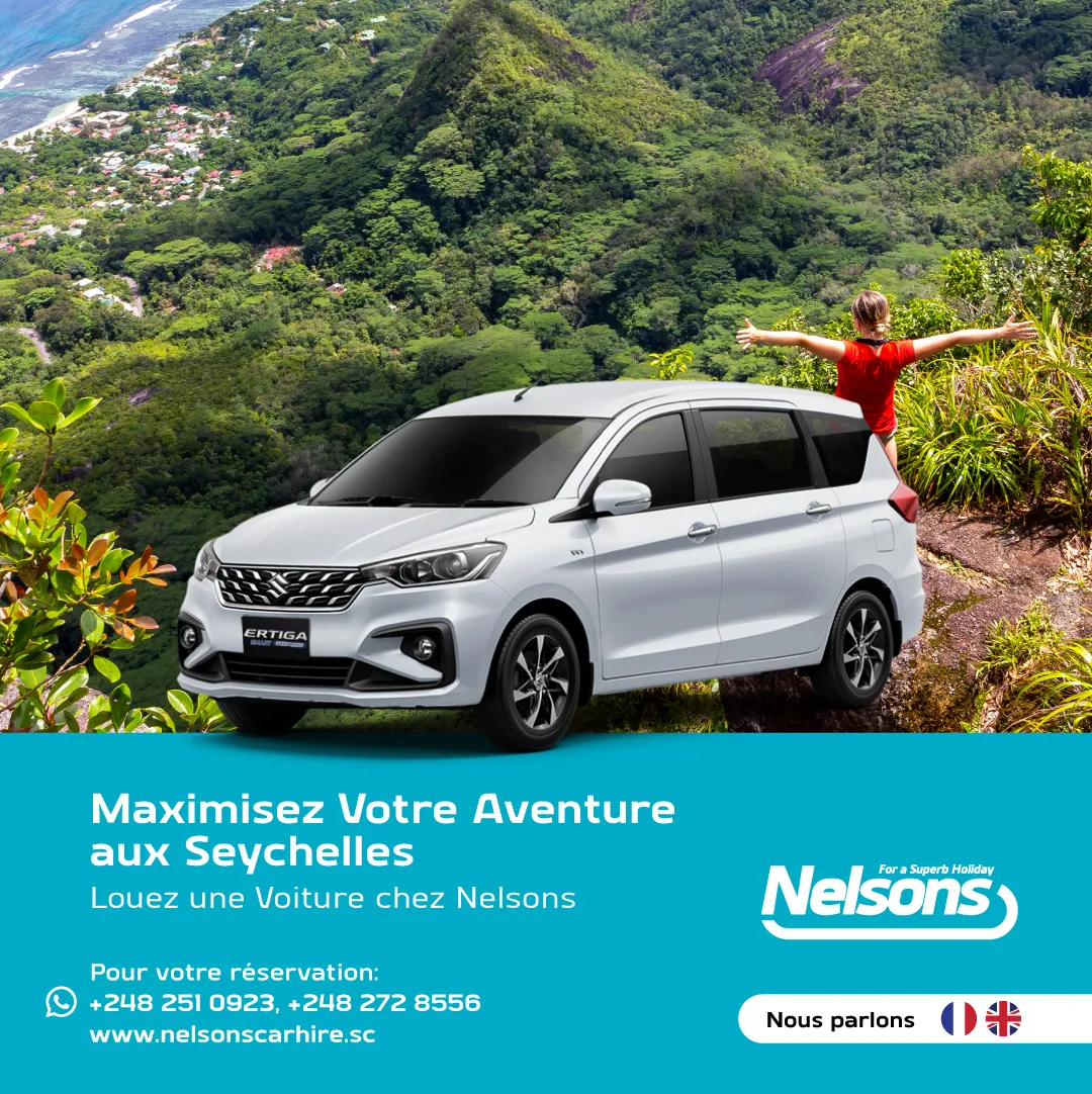Offer flyer (in French): Maximise your Seychelles adventure, hire the Suzuki Ertiga with Nelson's. Call +248 2510 923 to reserve.