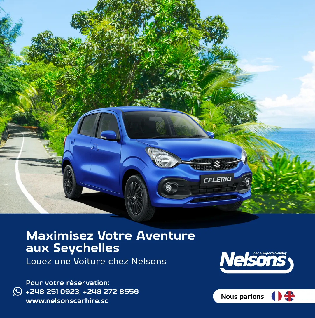 Offer flyer (in French): Maximise your Seychelles adventure, hire the Suzuki Celerio with Nelson's. Call +248 2510 923 to reserve.